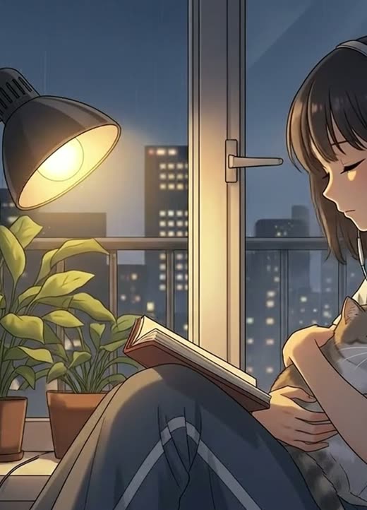 A girl reading by a lamp-lit window at night