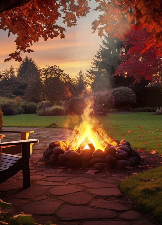A campfire in an autumn garden at dusk